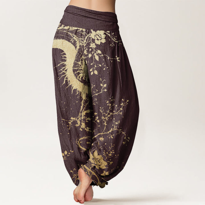 Buddha Stones Pure Cotton Casual Dragon Flower Leaf Pattern Women's Elastic Waist Harem Pants