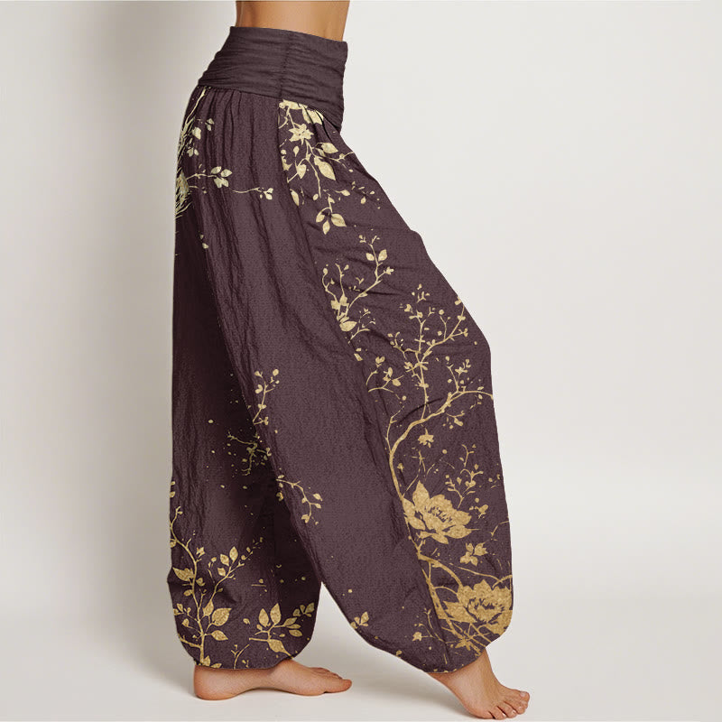 Buddha Stones Pure Cotton Casual Dragon Flower Leaf Pattern Women's Elastic Waist Harem Pants