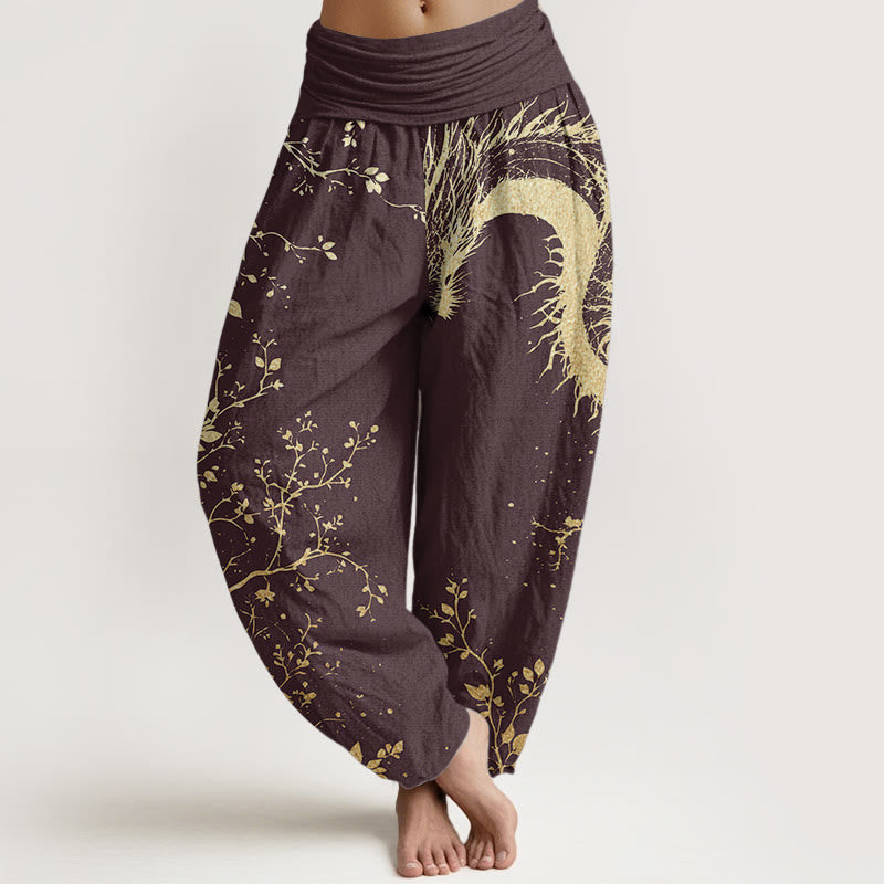 Buddha Stones Pure Cotton Casual Dragon Flower Leaf Pattern Women's Elastic Waist Harem Pants