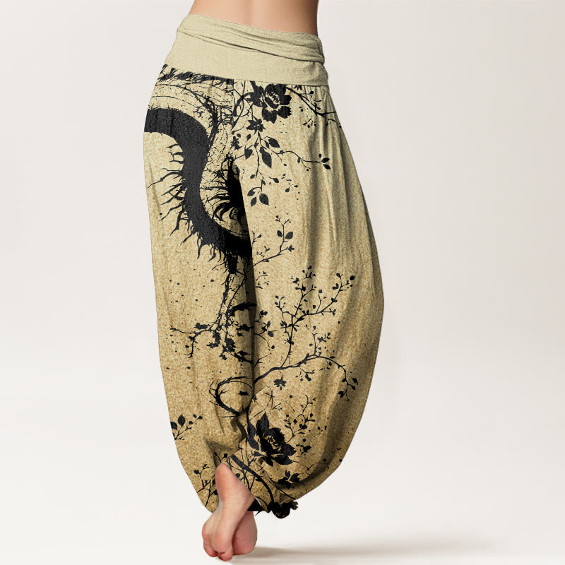 Buddha Stones Pure Cotton Casual Dragon Flower Leaf Pattern Women's Elastic Waist Harem Pants