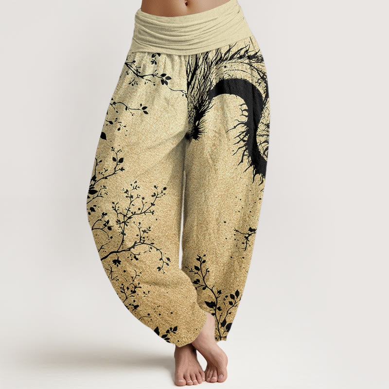 Buddha Stones Pure Cotton Casual Dragon Flower Leaf Pattern Women's Elastic Waist Harem Pants