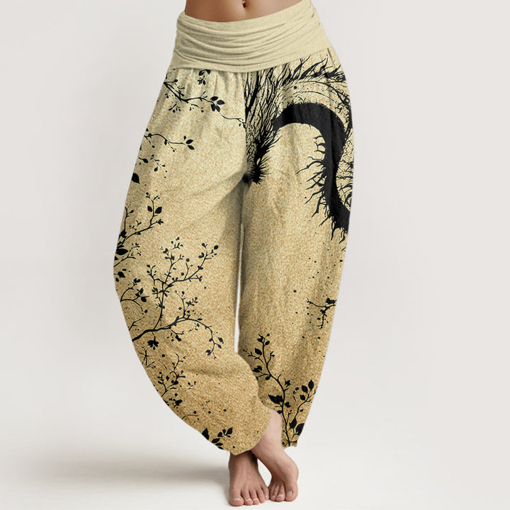 Buddha Stones Pure Cotton Casual Dragon Flower Leaf Pattern Women's Elastic Waist Harem Pants
