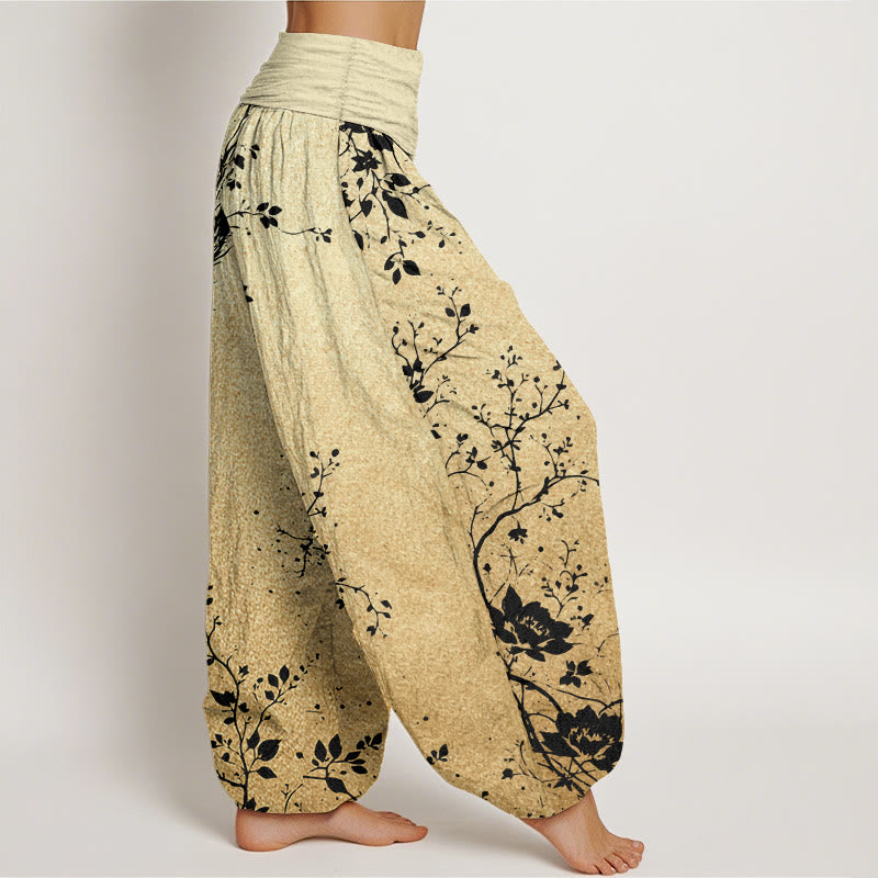 Buddha Stones Pure Cotton Casual Dragon Flower Leaf Pattern Women's Elastic Waist Harem Pants