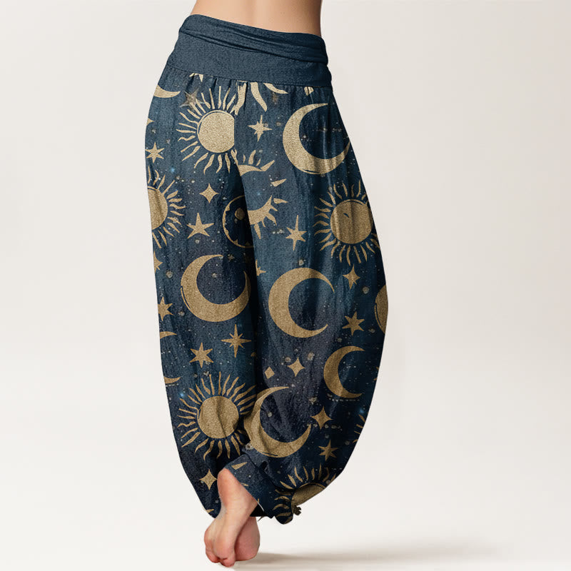 Buddha Stones Pure Cotton Crescent Moon Sun Stars Pattern Design Women's Elastic Waist Harem Pants - image 10