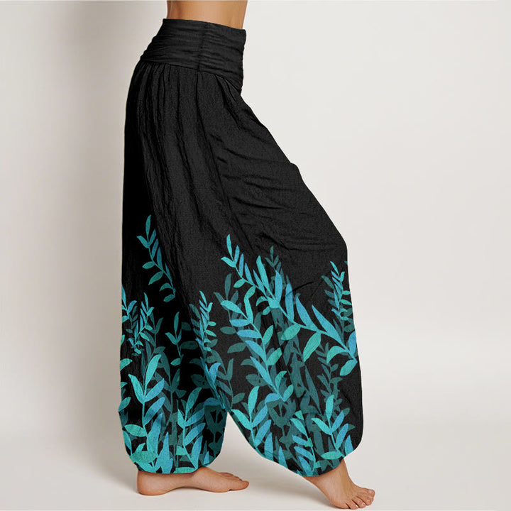 Buddha Stones Pure Cotton Casual Leaves Pattern Women's Elastic Waist Harem Pants