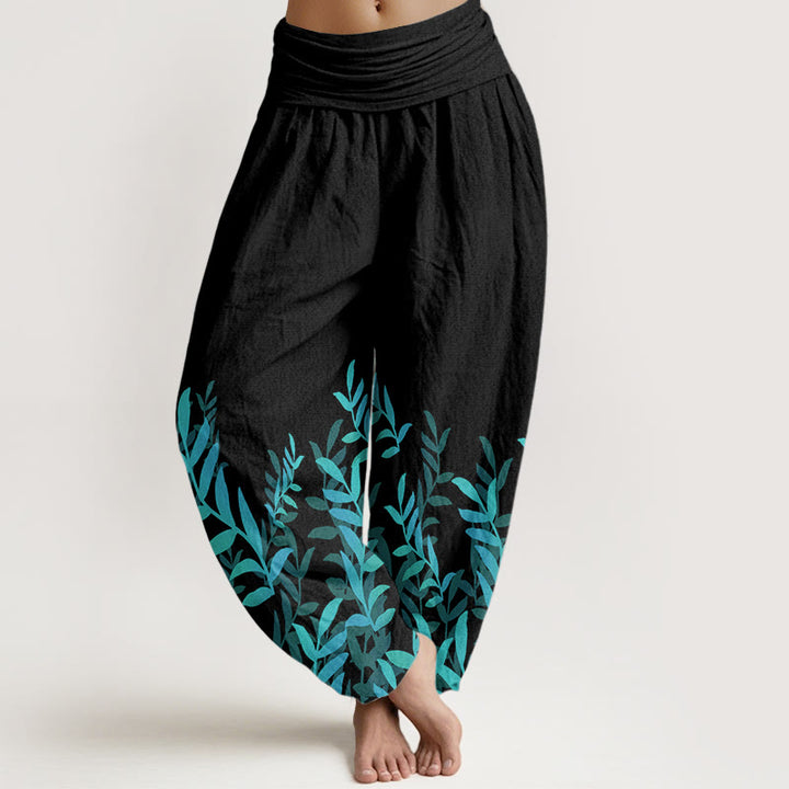Buddha Stones Pure Cotton Casual Leaves Pattern Women's Elastic Waist Harem Pants