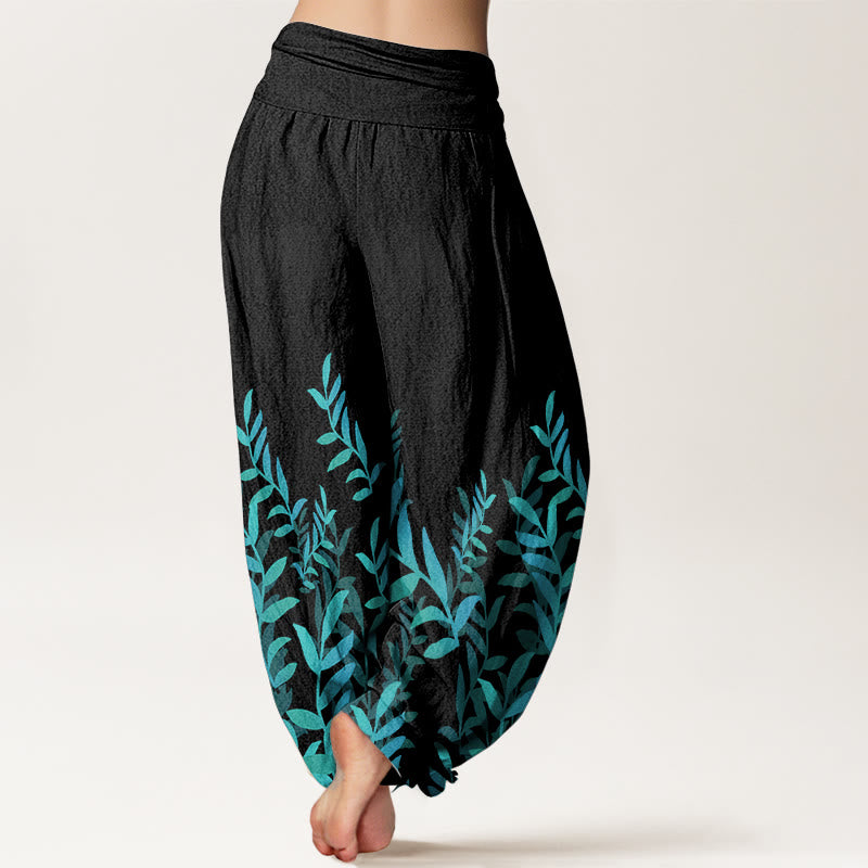 Buddha Stones Pure Cotton Casual Leaves Pattern Women's Elastic Waist Harem Pants