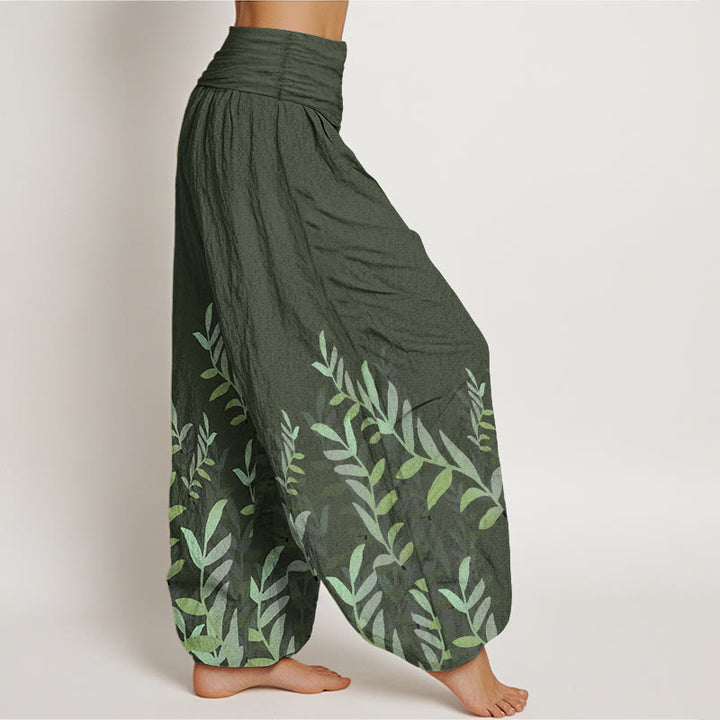 Buddha Stones Pure Cotton Casual Leaves Pattern Women's Elastic Waist Harem Pants