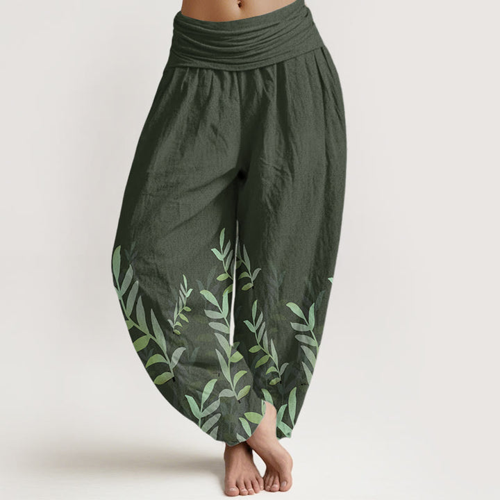 Buddha Stones Pure Cotton Casual Leaves Pattern Women's Elastic Waist Harem Pants
