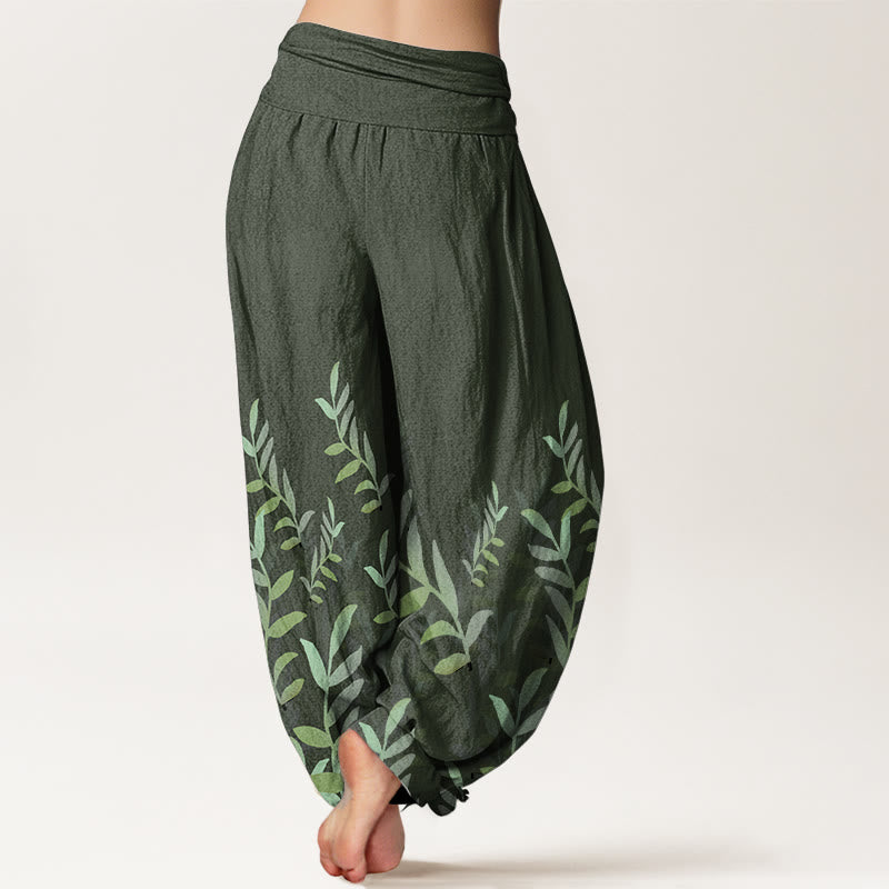 Buddha Stones Pure Cotton Casual Leaves Pattern Women's Elastic Waist Harem Pants