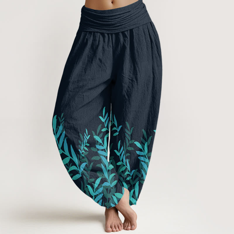 Buddha Stones Pure Cotton Casual Leaves Pattern Women's Elastic Waist Harem Pants