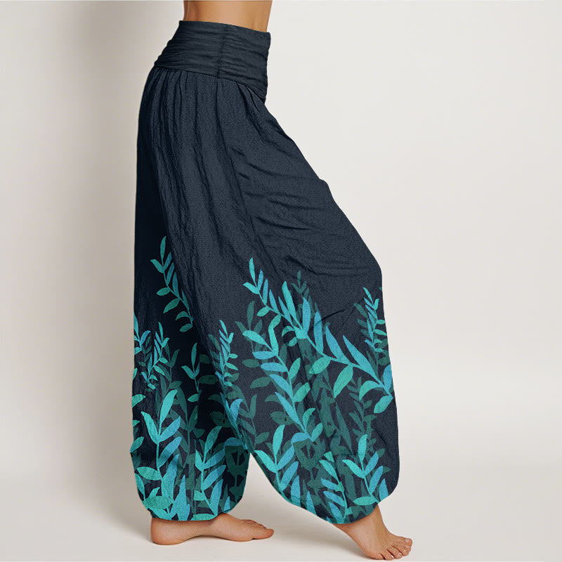 Buddha Stones Pure Cotton Casual Leaves Pattern Women's Elastic Waist Harem Pants
