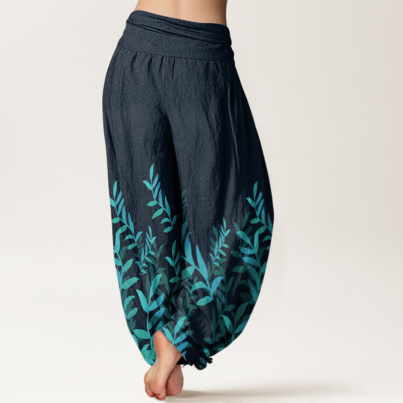 Buddha Stones Pure Cotton Casual Leaves Pattern Women's Elastic Waist Harem Pants