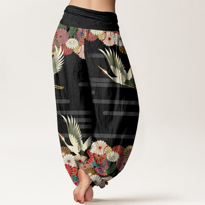 Buddha Stones Cotton Casual Crane Chrysanthemum Pattern Women's Elastic Waist Harem Pants - image 2