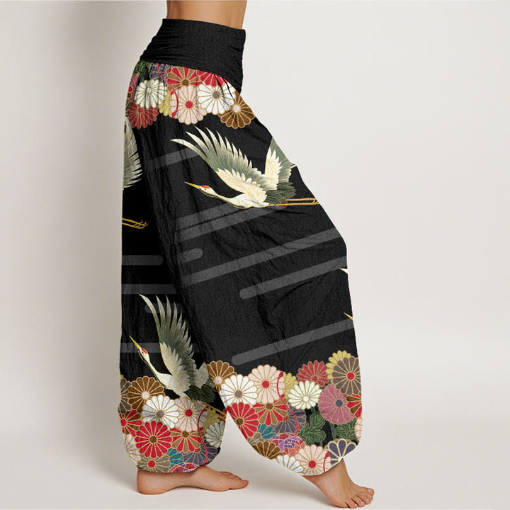 Buddha Stones Casual Crane Chrysanthemum Pattern Women's Elastic Waist Harem Pants - image 1