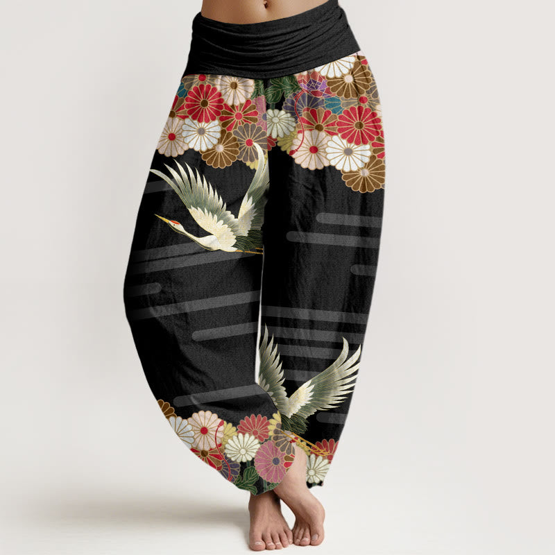Buddha Stones Casual Crane Chrysanthemum Pattern Women's Elastic Waist Harem Pants - Black - US22，UK/AU26，EU54 (6XL) - image 1