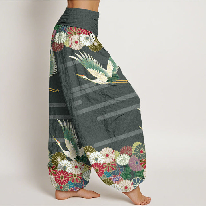 Buddha Stones Casual Crane Chrysanthemum Pattern Women's Elastic Waist Harem Pants - image 5