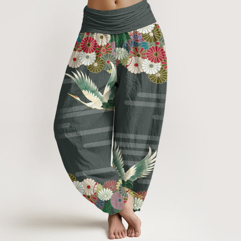 Buddha Stones Casual Crane Chrysanthemum Pattern Women's Elastic Waist Harem Pants - SeaGreen - US22，UK/AU26，EU54 (6XL) - image 4