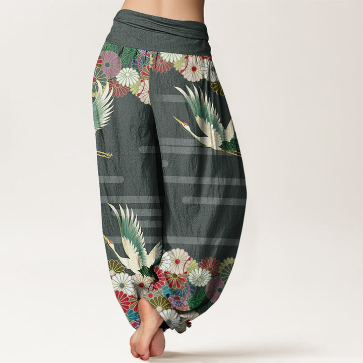Buddha Stones Cotton Casual Crane Chrysanthemum Pattern Women's Elastic Waist Harem Pants - image 6