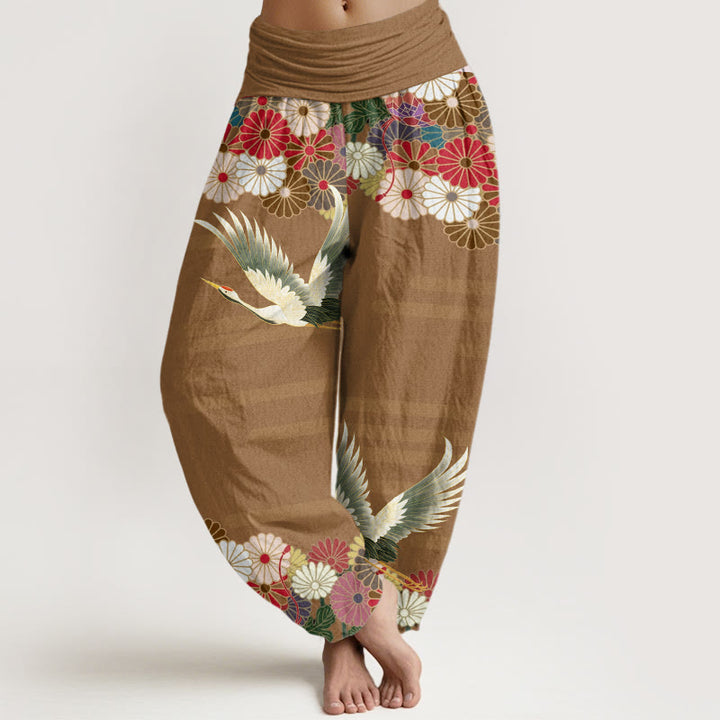 Buddha Stones Casual Crane Chrysanthemum Pattern Women's Elastic Waist Harem Pants - DarkGoldenrod - US22，UK/AU26，EU54 (6XL) - image 8