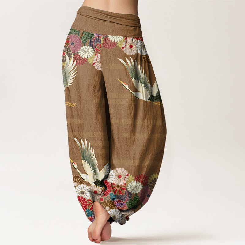 Buddha Stones Casual Crane Chrysanthemum Pattern Women's Elastic Waist Harem Pants - image 10