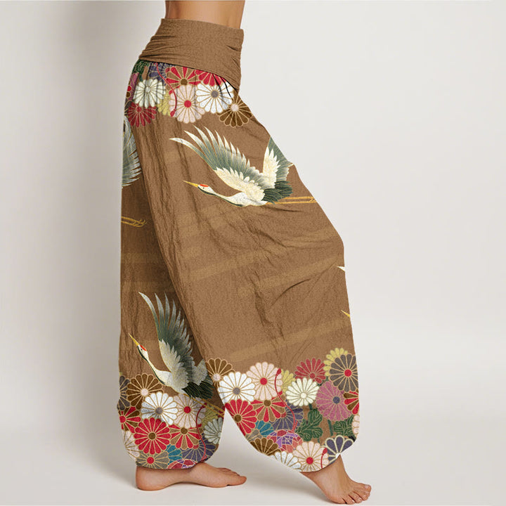 Buddha Stones Casual Crane Chrysanthemum Pattern Women's Elastic Waist Harem Pants - image 8