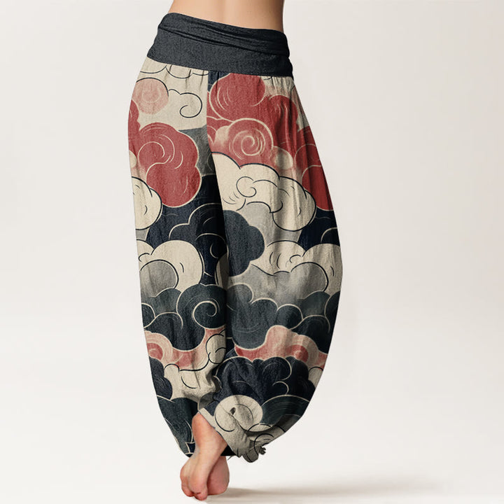 Buddha Stones Pure Cotton Casual Auspicious Clouds Pattern Women's Elastic Waist Harem Pants