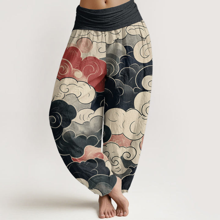 Buddha Stones Pure Cotton Casual Auspicious Clouds Pattern Women's Elastic Waist Harem Pants