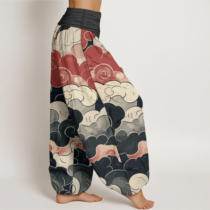 Buddha Stones Pure Cotton Casual Auspicious Clouds Pattern Women's Elastic Waist Harem Pants
