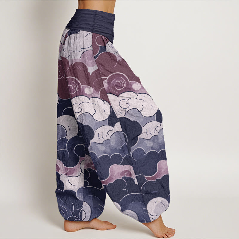 Buddha Stones Pure Cotton Casual Auspicious Clouds Pattern Women's Elastic Waist Harem Pants