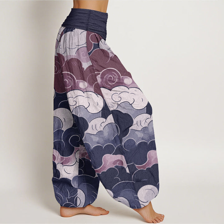 Buddha Stones Pure Cotton Casual Auspicious Clouds Pattern Women's Elastic Waist Harem Pants