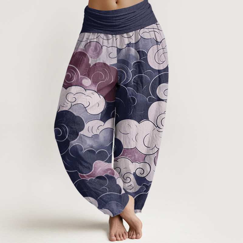 Buddha Stones Pure Cotton Casual Auspicious Clouds Pattern Women's Elastic Waist Harem Pants