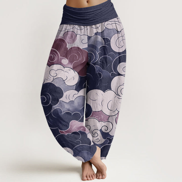 Buddha Stones Pure Cotton Casual Auspicious Clouds Pattern Women's Elastic Waist Harem Pants