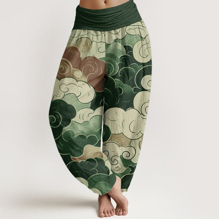 Buddha Stones Pure Cotton Casual Auspicious Clouds Pattern Women's Elastic Waist Harem Pants