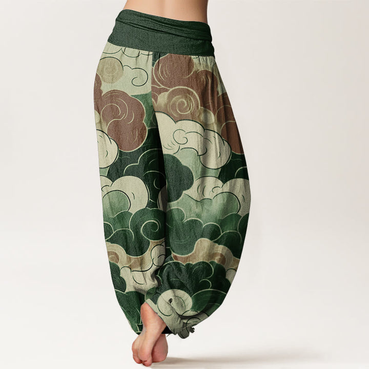 Buddha Stones Pure Cotton Casual Auspicious Clouds Pattern Women's Elastic Waist Harem Pants
