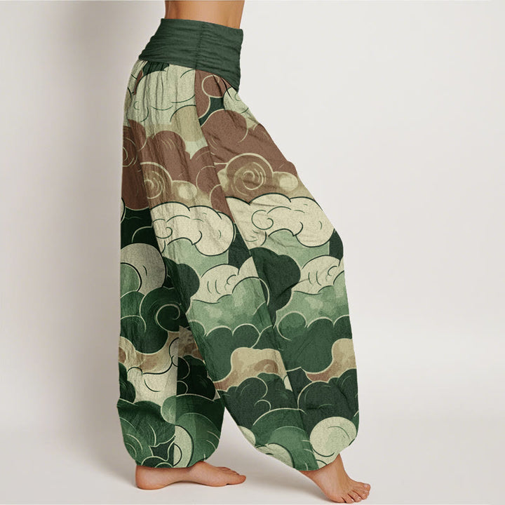 Buddha Stones Pure Cotton Casual Auspicious Clouds Pattern Women's Elastic Waist Harem Pants