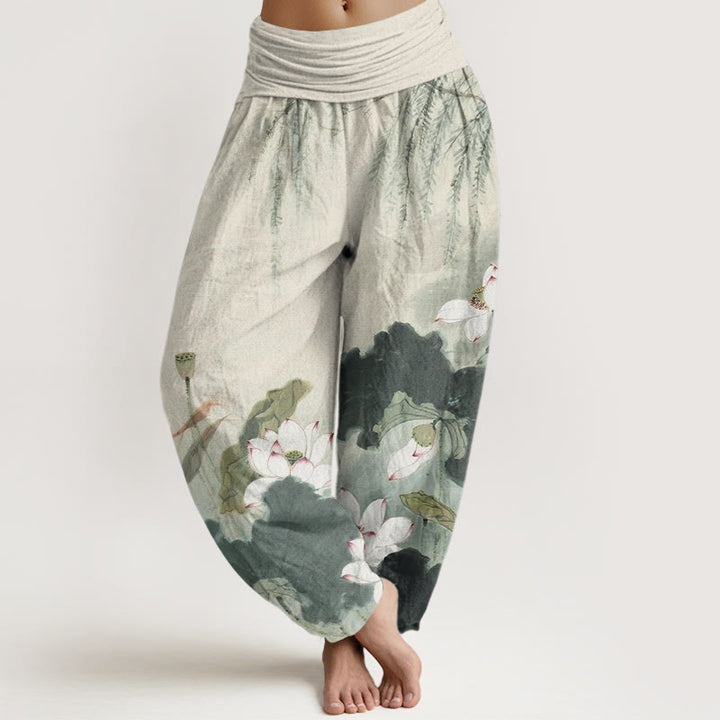Buddha Stones Casual Ink Lotus Flower Pattern Women's Elastic Waist Harem Pants - DarkSeaGreen - US22，UK/AU26，EU54 (6XL) - image 1