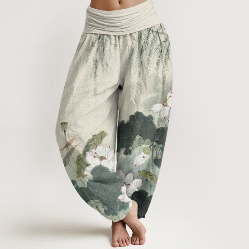 Buddha Stones Casual Ink Lotus Flower Pattern Women's Elastic Waist Harem Pants - DarkSeaGreen - US22，UK/AU26，EU54 (6XL) - image 0