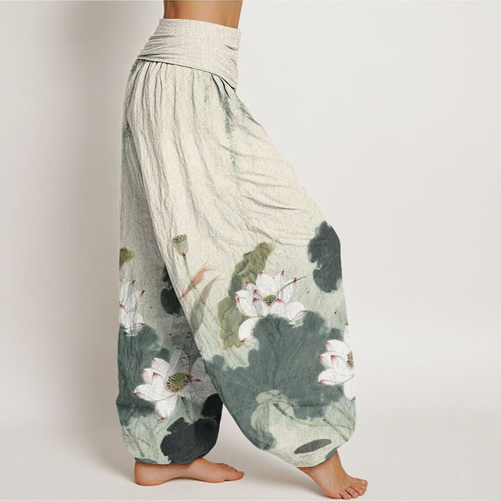Buddha Stones Casual Ink Lotus Flower Pattern Women's Elastic Waist Harem Pants - image 1