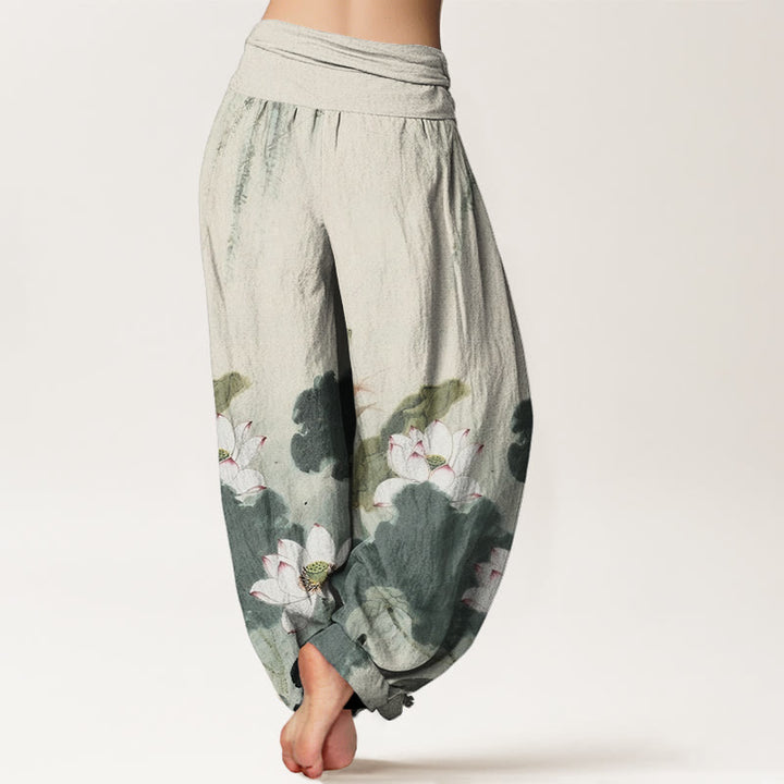 Buddha Stones Casual Ink Lotus Flower Pattern Women's Elastic Waist Harem Pants - image 3