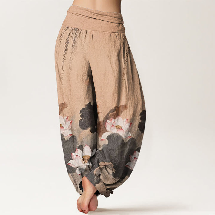 Buddha Stones Casual Ink Lotus Flower Pattern Women's Elastic Waist Harem Pants - image 7