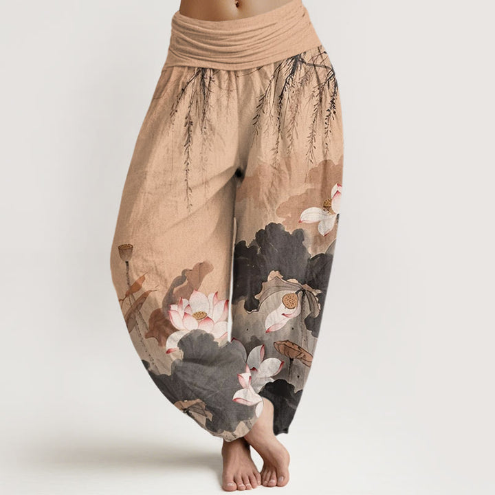 Buddha Stones Cotton Casual Ink Lotus Flower Pattern Women's Elastic Waist Harem Pants - PeachPuff - US22，UK/AU26，EU54 (6XL) - image 4