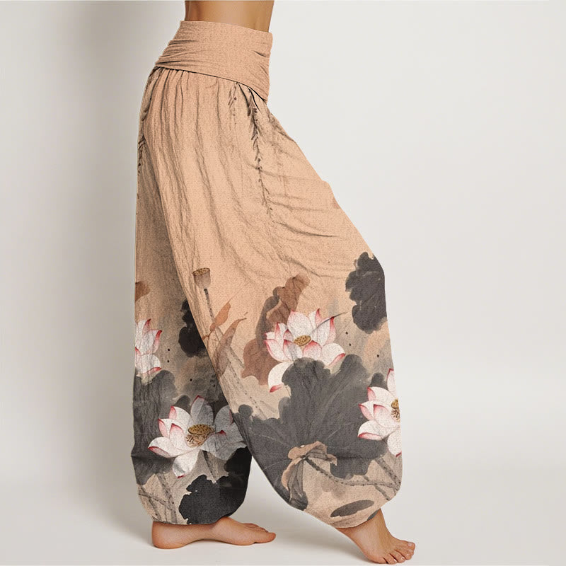 Buddha Stones Casual Ink Lotus Flower Pattern Women's Elastic Waist Harem Pants - image 6