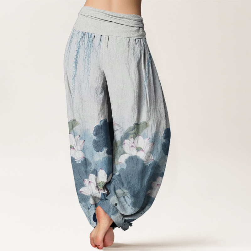 Buddha Stones Casual Ink Lotus Flower Pattern Women's Elastic Waist Harem Pants - image 10