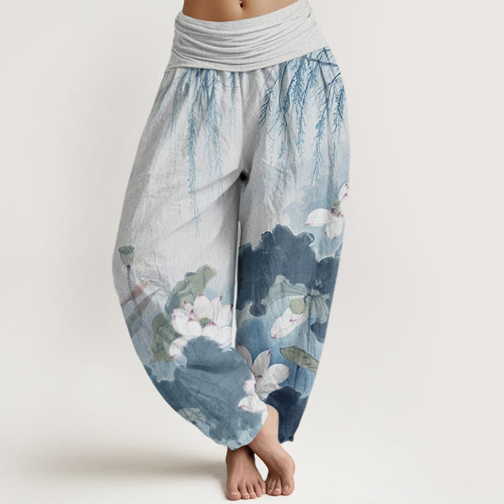 Buddha Stones Casual Ink Lotus Flower Pattern Women's Elastic Waist Harem Pants - SkyBlue - US22，UK/AU26，EU54 (6XL) - image 7