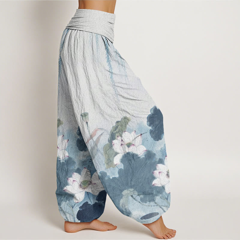 Buddha Stones Casual Ink Lotus Flower Pattern Women's Elastic Waist Harem Pants - image 9