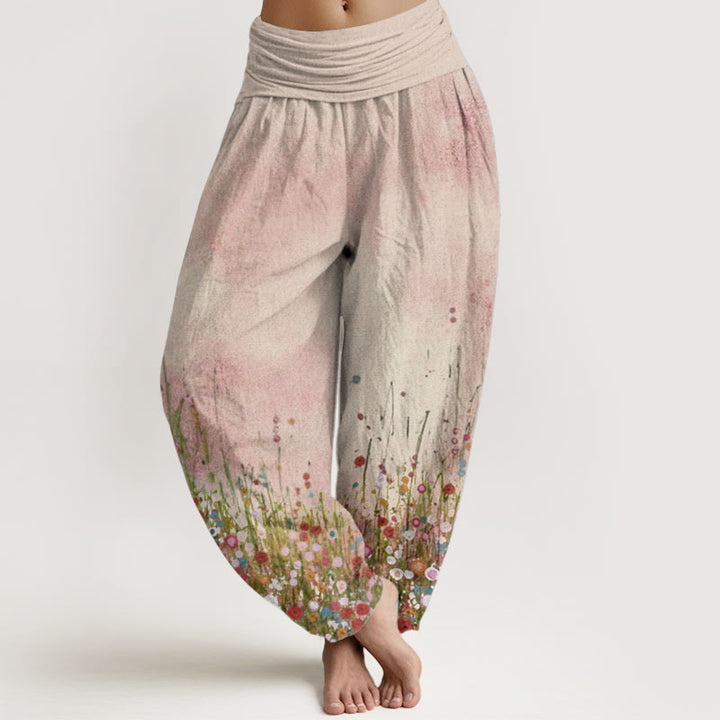 Buddha Stones Pure Cotton Casual Colorful Wildflower Field Pattern Women's Elastic Waist Harem Pants - AntiqueWhite - US22，UK/AU26，EU54 (6XL) - image 0