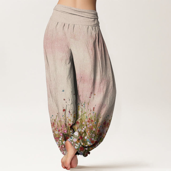 Buddha Stones Pure Cotton Casual Colorful Wildflower Field Pattern Women's Elastic Waist Harem Pants - image 1
