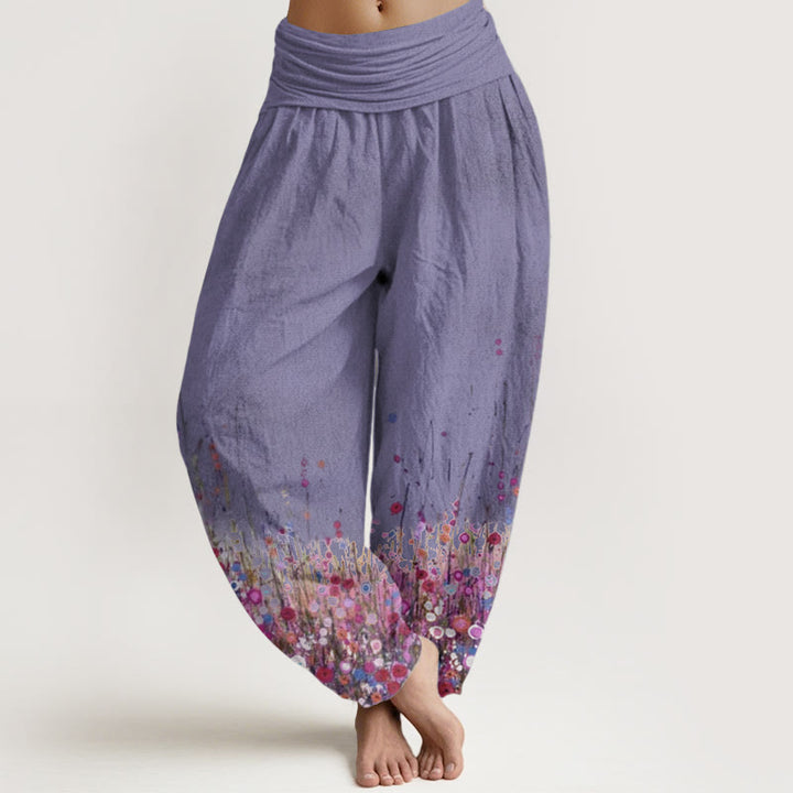 Buddha Stones Pure Cotton Casual Colorful Wildflower Field Pattern Women's Elastic Waist Harem Pants - MediumPurple - US22，UK/AU26，EU54 (6XL) - image 6