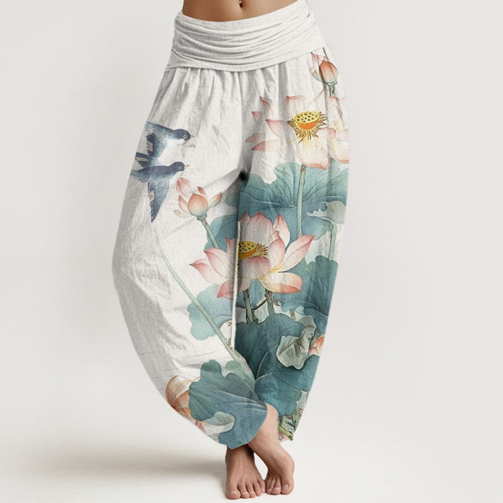 Buddha Stones Cotton Casual Summer Lotus Pond Pattern Women's Elastic Waist Harem Pants - Snow - US22，UK/AU26，EU54 (6XL) - image 0